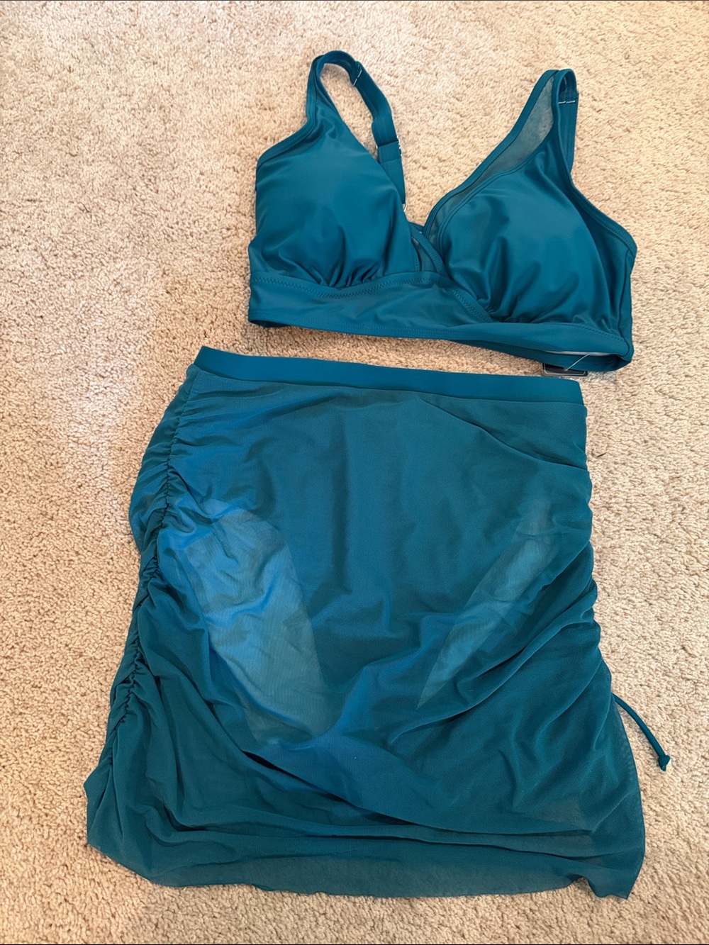 Teal Women’s Two-Piece Swim Set with Ruched Skirt